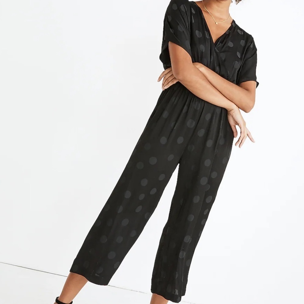 Madewell | Black Wrap-Front Smock-Waist Jumpsuit in Dot Jacquard Size Large